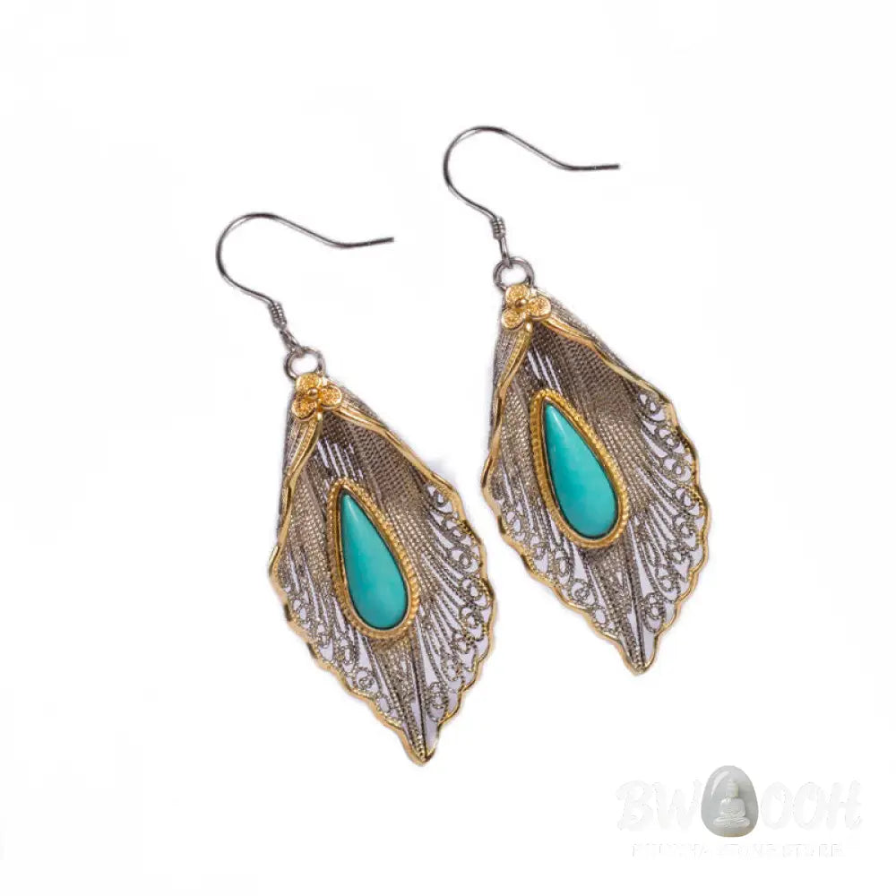 Buddha Stones 925 Sterling Silver Turquoise Bodhi Leaf Pattern Protection Drop Dangle Earrings - Earrings