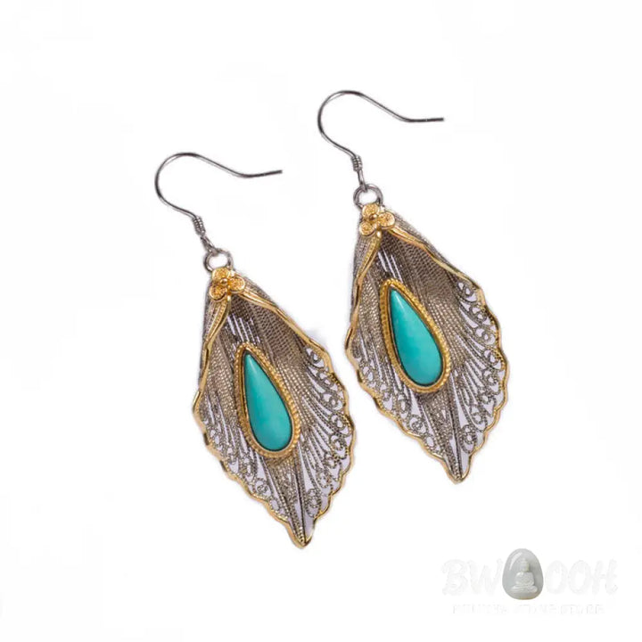 Buddha Stones 925 Sterling Silver Turquoise Bodhi Leaf Pattern Protection Drop Dangle Earrings - Earrings