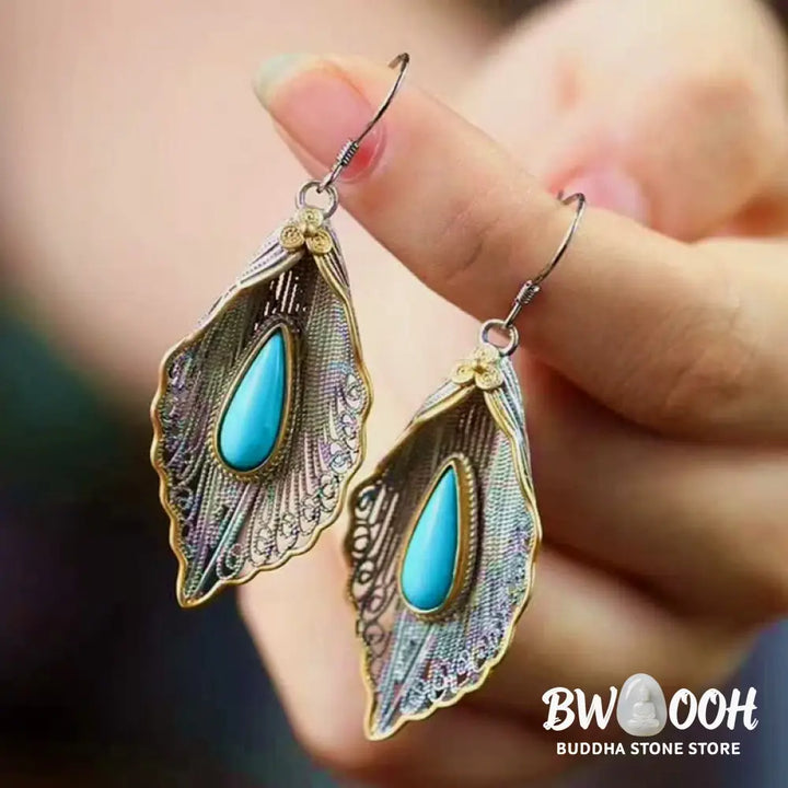 Buddha Stones 925 Sterling Silver Turquoise Bodhi Leaf Pattern Protection Drop Dangle Earrings - Earrings