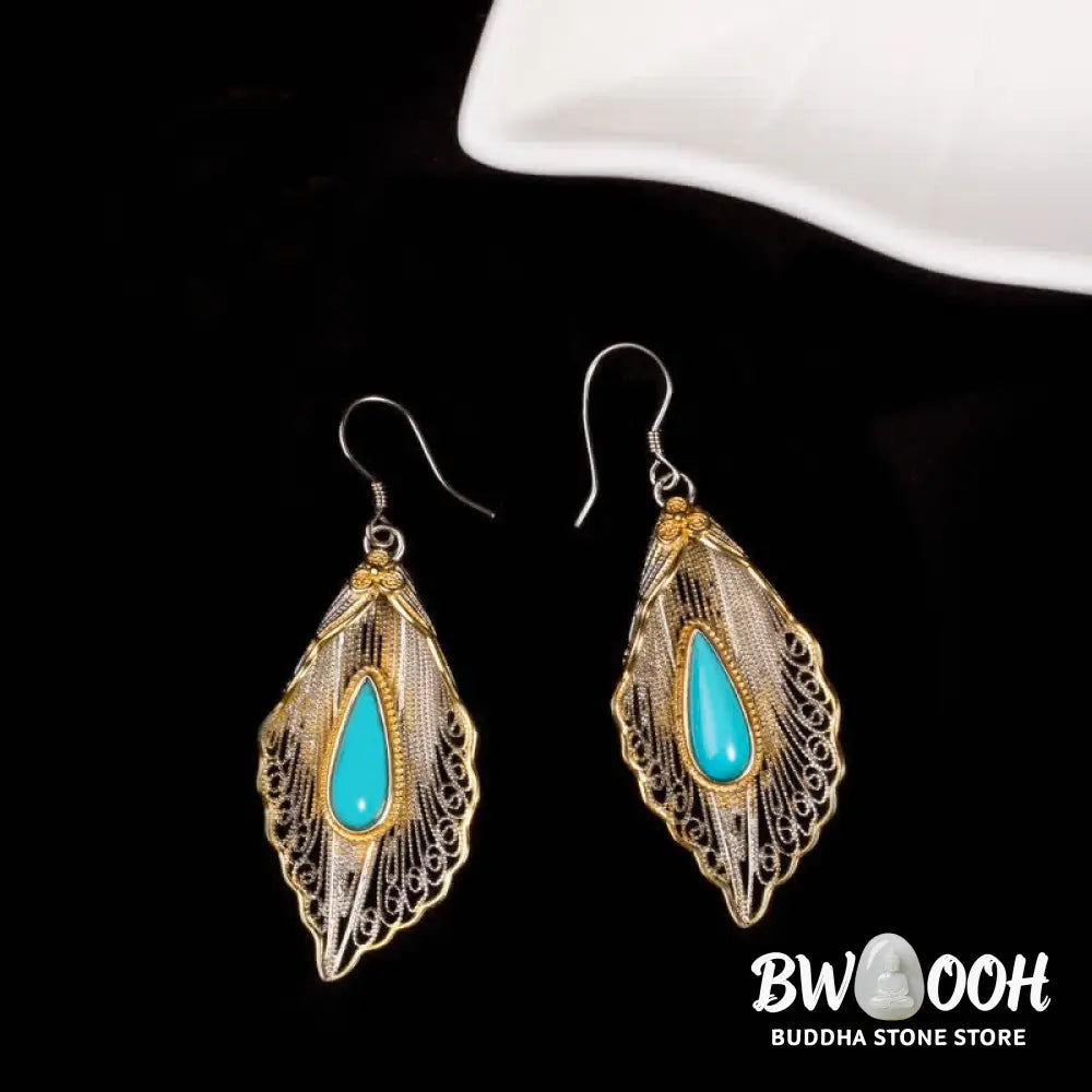 Buddha Stones 925 Sterling Silver Turquoise Bodhi Leaf Pattern Protection Drop Dangle Earrings - Earrings
