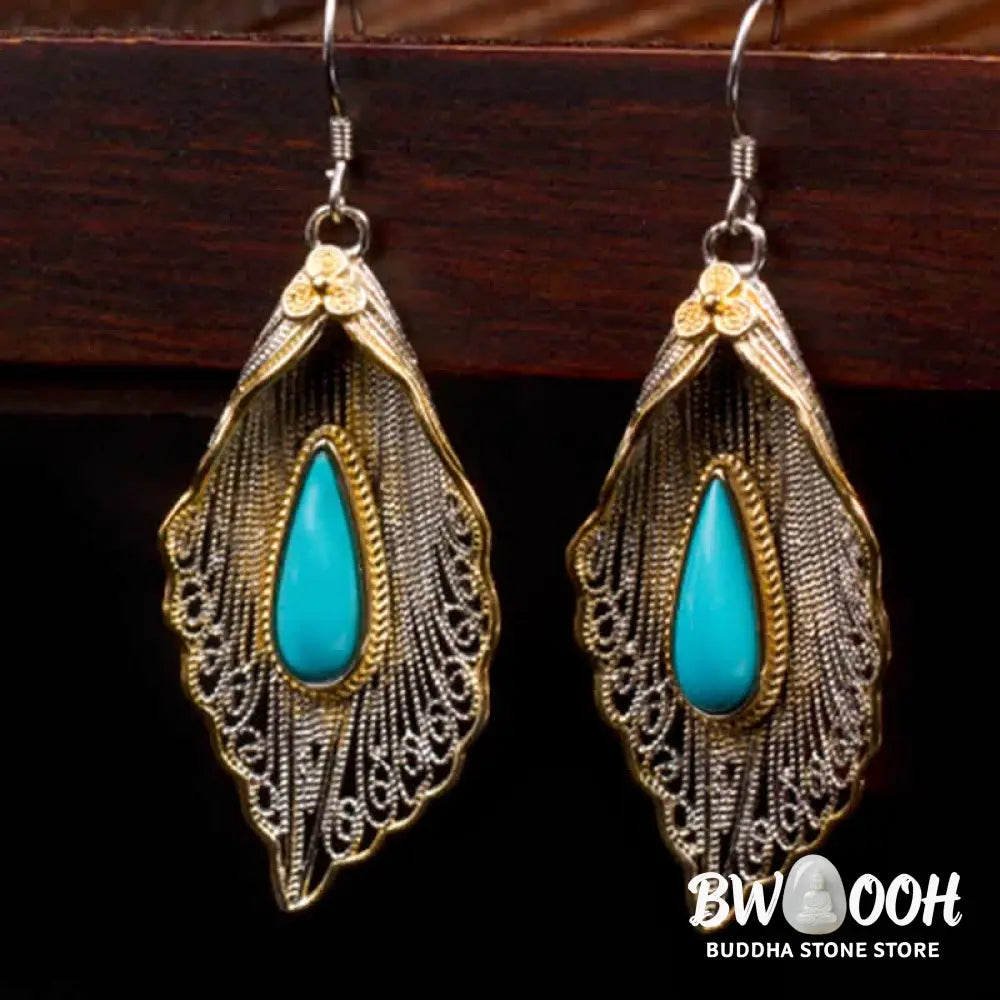 Buddha Stones 925 Sterling Silver Turquoise Bodhi Leaf Pattern Protection Drop Dangle Earrings - Earrings