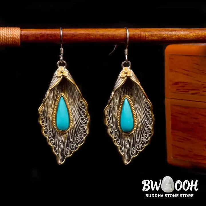 Buddha Stones 925 Sterling Silver Turquoise Bodhi Leaf Pattern Protection Drop Dangle Earrings - Earrings