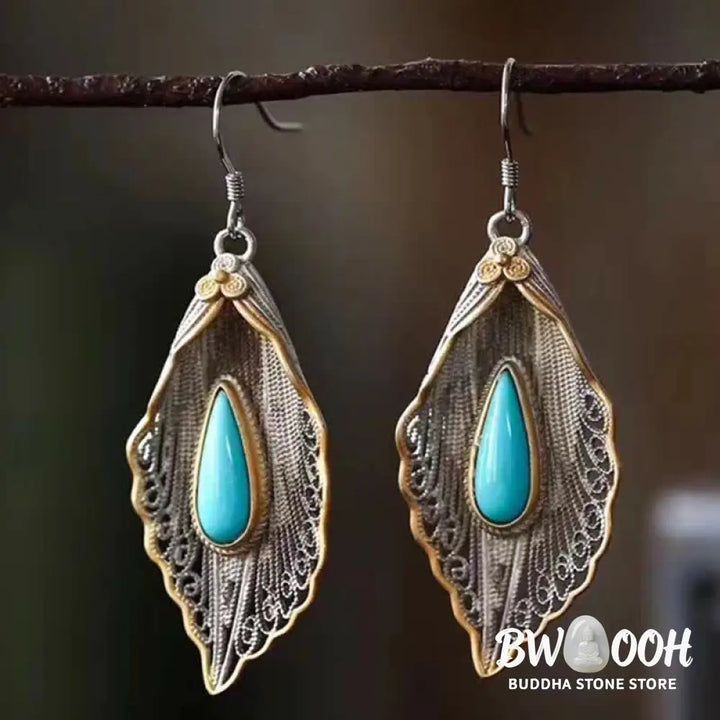 Buddha Stones 925 Sterling Silver Turquoise Bodhi Leaf Pattern Protection Drop Dangle Earrings - Earrings