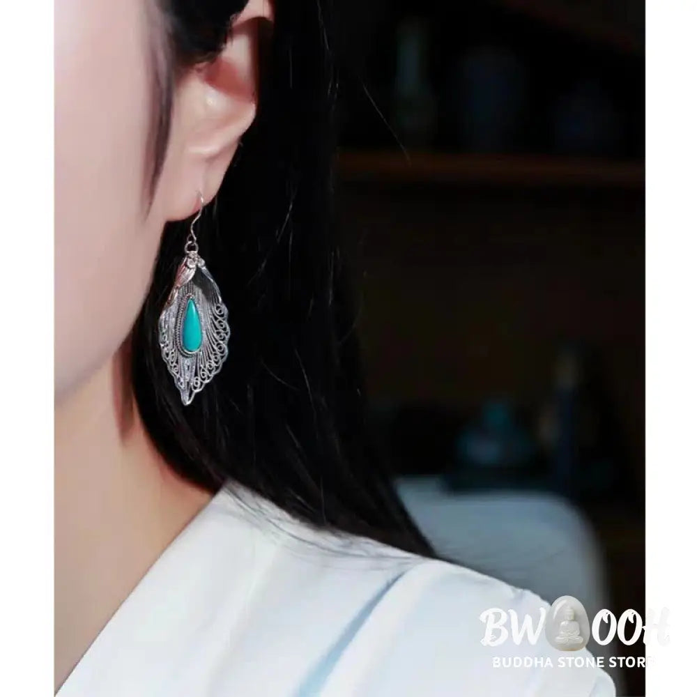 Buddha Stones 925 Sterling Silver Turquoise Bodhi Leaf Pattern Protection Drop Dangle Earrings - Earrings