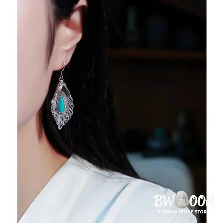 Buddha Stones 925 Sterling Silver Turquoise Bodhi Leaf Pattern Protection Drop Dangle Earrings - Earrings