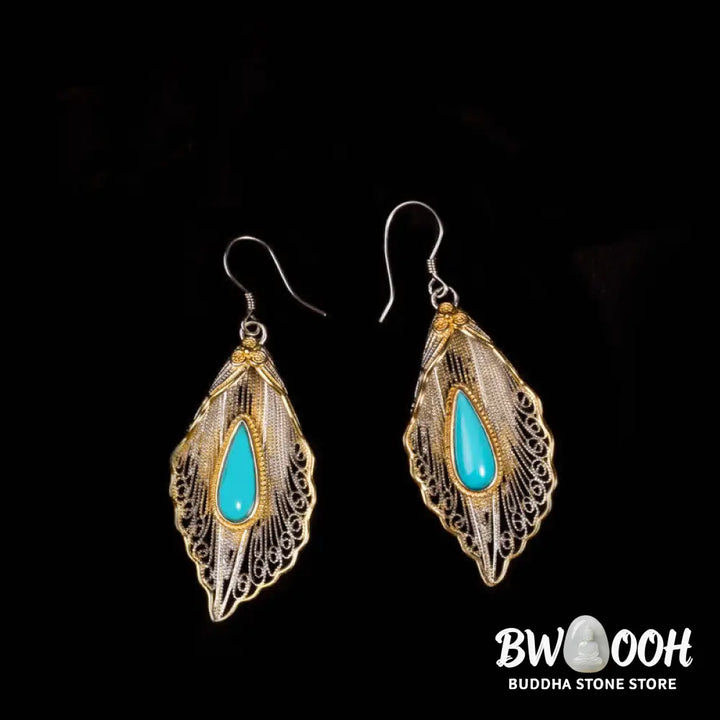 Buddha Stones 925 Sterling Silver Turquoise Bodhi Leaf Pattern Protection Drop Dangle Earrings - Earrings