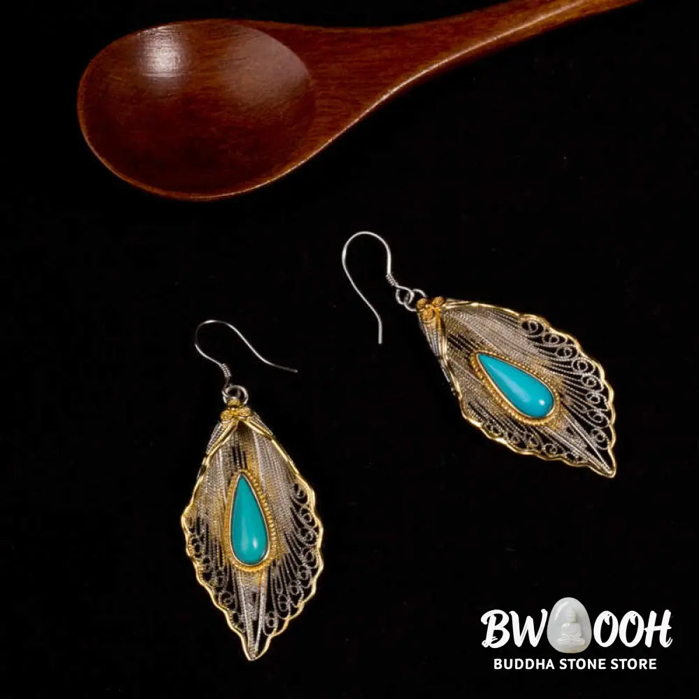 Buddha Stones 925 Sterling Silver Turquoise Bodhi Leaf Pattern Protection Drop Dangle Earrings - Earrings