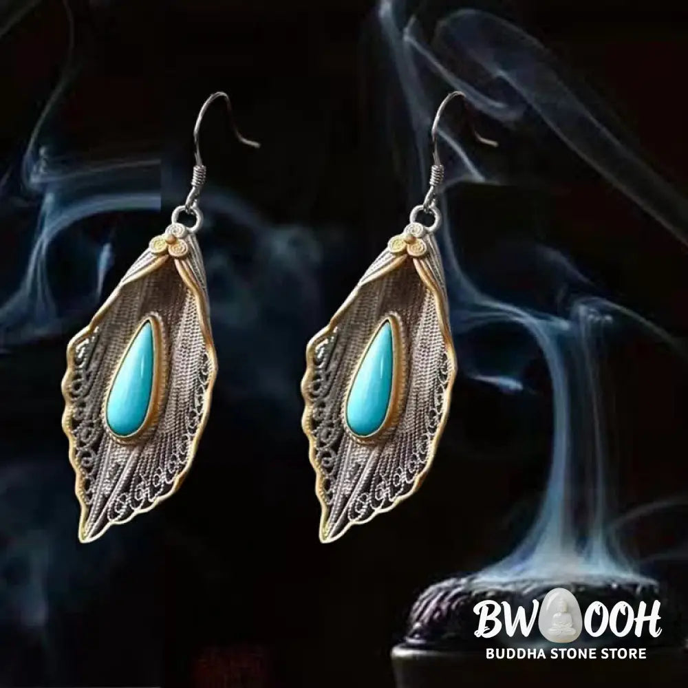 Buddha Stones 925 Sterling Silver Turquoise Bodhi Leaf Pattern Protection Drop Dangle Earrings - Earrings