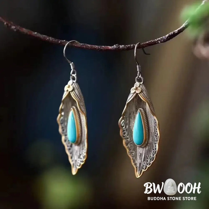 Buddha Stones 925 Sterling Silver Turquoise Bodhi Leaf Pattern Protection Drop Dangle Earrings - Earrings