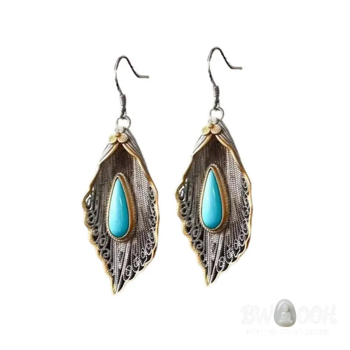 Buddha Stones 925 Sterling Silver Turquoise Bodhi Leaf Pattern Protection Drop Dangle Earrings - Earrings