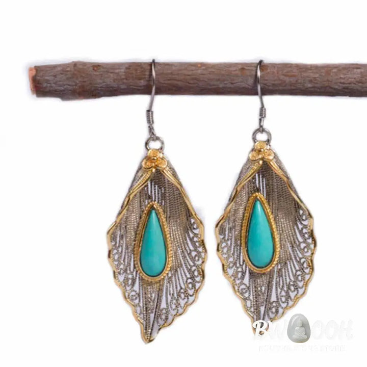 Buddha Stones 925 Sterling Silver Turquoise Bodhi Leaf Pattern Protection Drop Dangle Earrings - Earrings