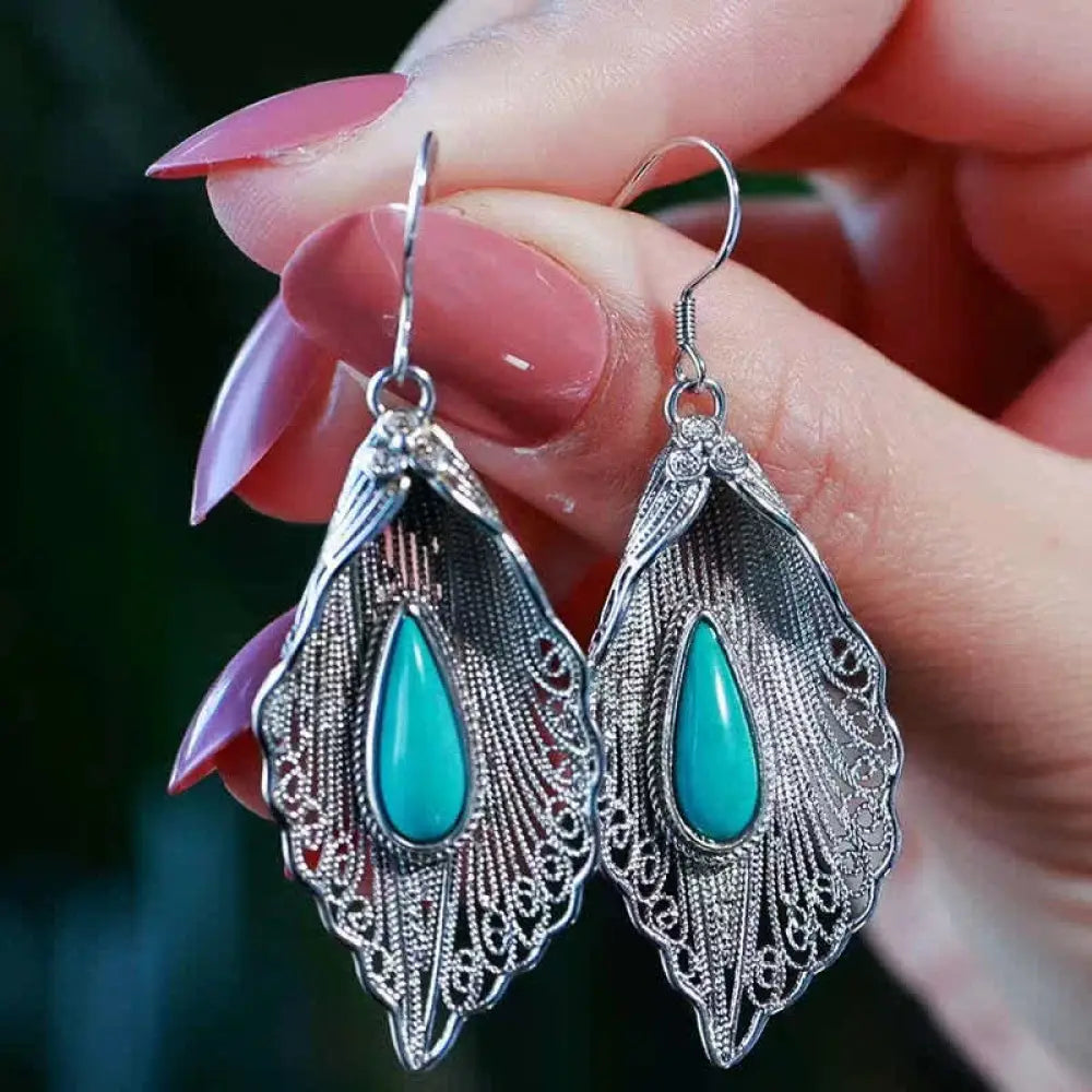 Buddha Stones 925 Sterling Silver Turquoise Bodhi Leaf Pattern Protection Drop Dangle Earrings - Silver - Earrings