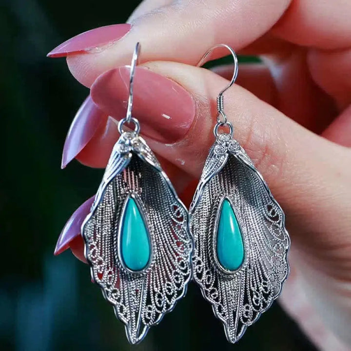 Buddha Stones 925 Sterling Silver Turquoise Bodhi Leaf Pattern Protection Drop Dangle Earrings - Silver - Earrings