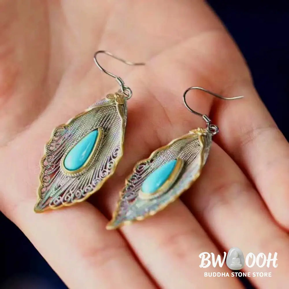 Buddha Stones 925 Sterling Silver Turquoise Bodhi Leaf Pattern Protection Drop Dangle Earrings - Earrings