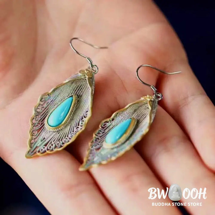 Buddha Stones 925 Sterling Silver Turquoise Bodhi Leaf Pattern Protection Drop Dangle Earrings - Earrings
