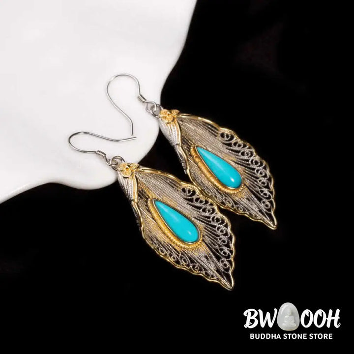 Buddha Stones 925 Sterling Silver Turquoise Bodhi Leaf Pattern Protection Drop Dangle Earrings - Earrings