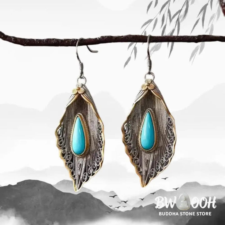 Buddha Stones 925 Sterling Silver Turquoise Bodhi Leaf Pattern Protection Drop Dangle Earrings - Earrings