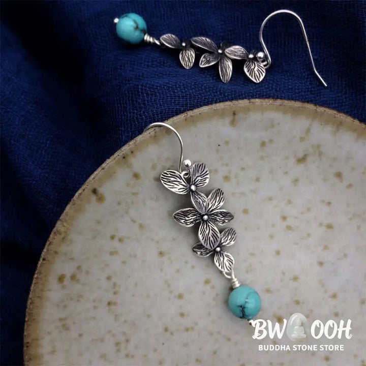 Buddha Stones 925 Sterling Silver Turquoise Lazurite Flower Leaf Serenity Protection Hook Drop Dangle Earrings