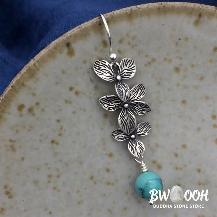 Buddha Stones 925 Sterling Silver Turquoise Lazurite Flower Leaf Serenity Protection Hook Drop Dangle Earrings