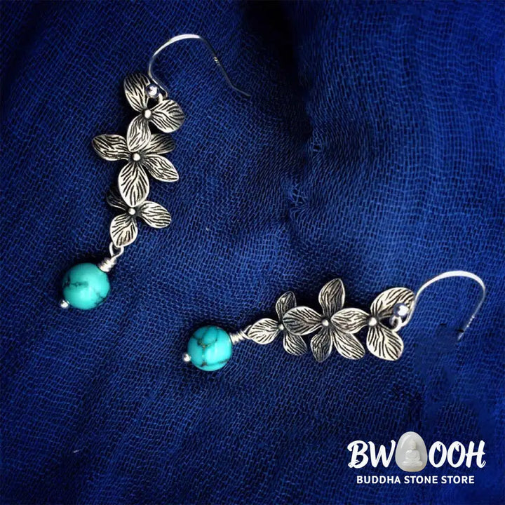 Buddha Stones 925 Sterling Silver Turquoise Lazurite Flower Leaf Serenity Protection Hook Drop Dangle Earrings