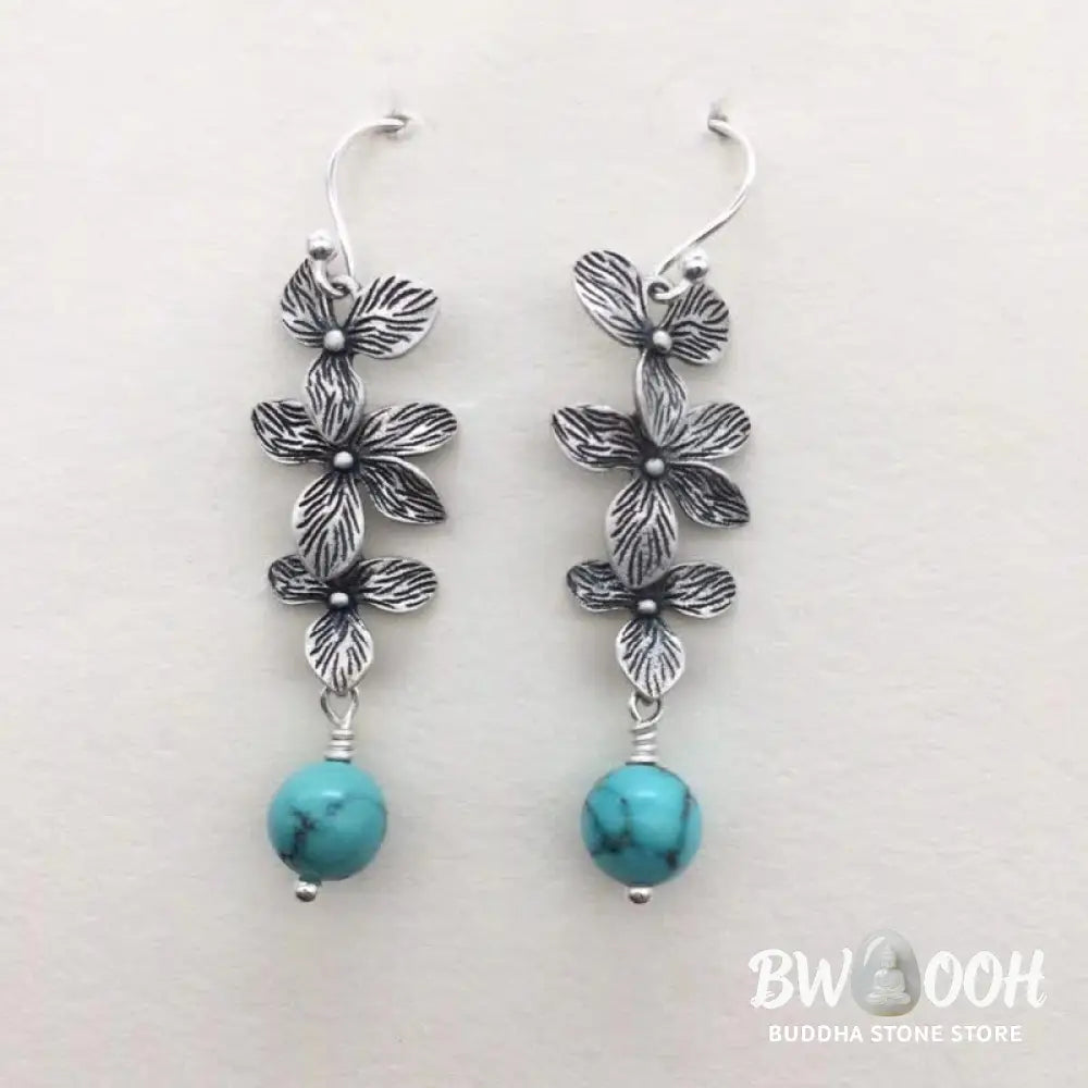 Buddha Stones 925 Sterling Silver Turquoise Lazurite Flower Leaf Serenity Protection Hook Drop Dangle Earrings