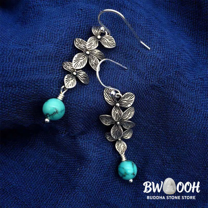 Buddha Stones 925 Sterling Silver Turquoise Lazurite Flower Leaf Serenity Protection Hook Drop Dangle Earrings