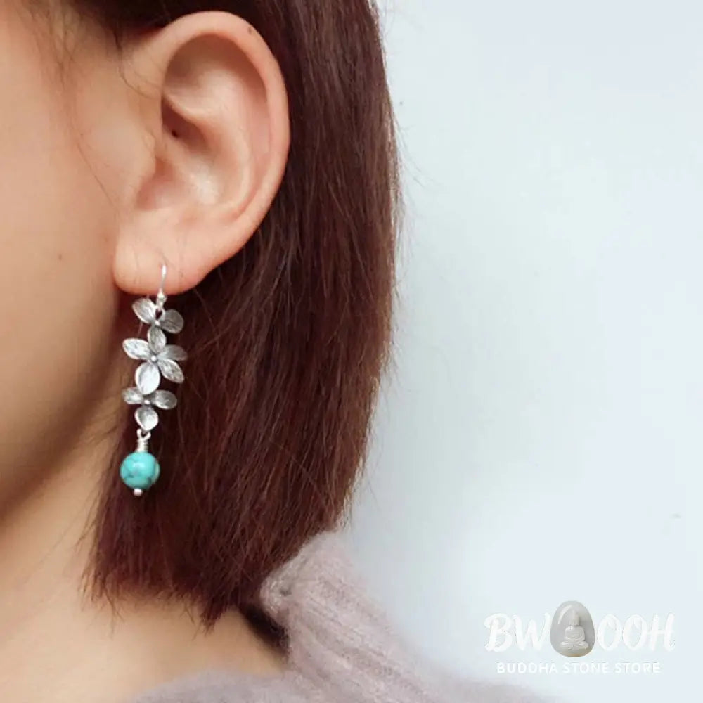 Buddha Stones 925 Sterling Silver Turquoise Lazurite Flower Leaf Serenity Protection Hook Drop Dangle Earrings