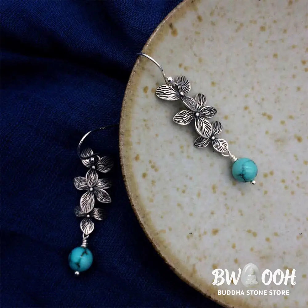 Buddha Stones 925 Sterling Silver Turquoise Lazurite Flower Leaf Serenity Protection Hook Drop Dangle Earrings