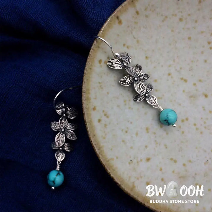 Buddha Stones 925 Sterling Silver Turquoise Lazurite Flower Leaf Serenity Protection Hook Drop Dangle Earrings