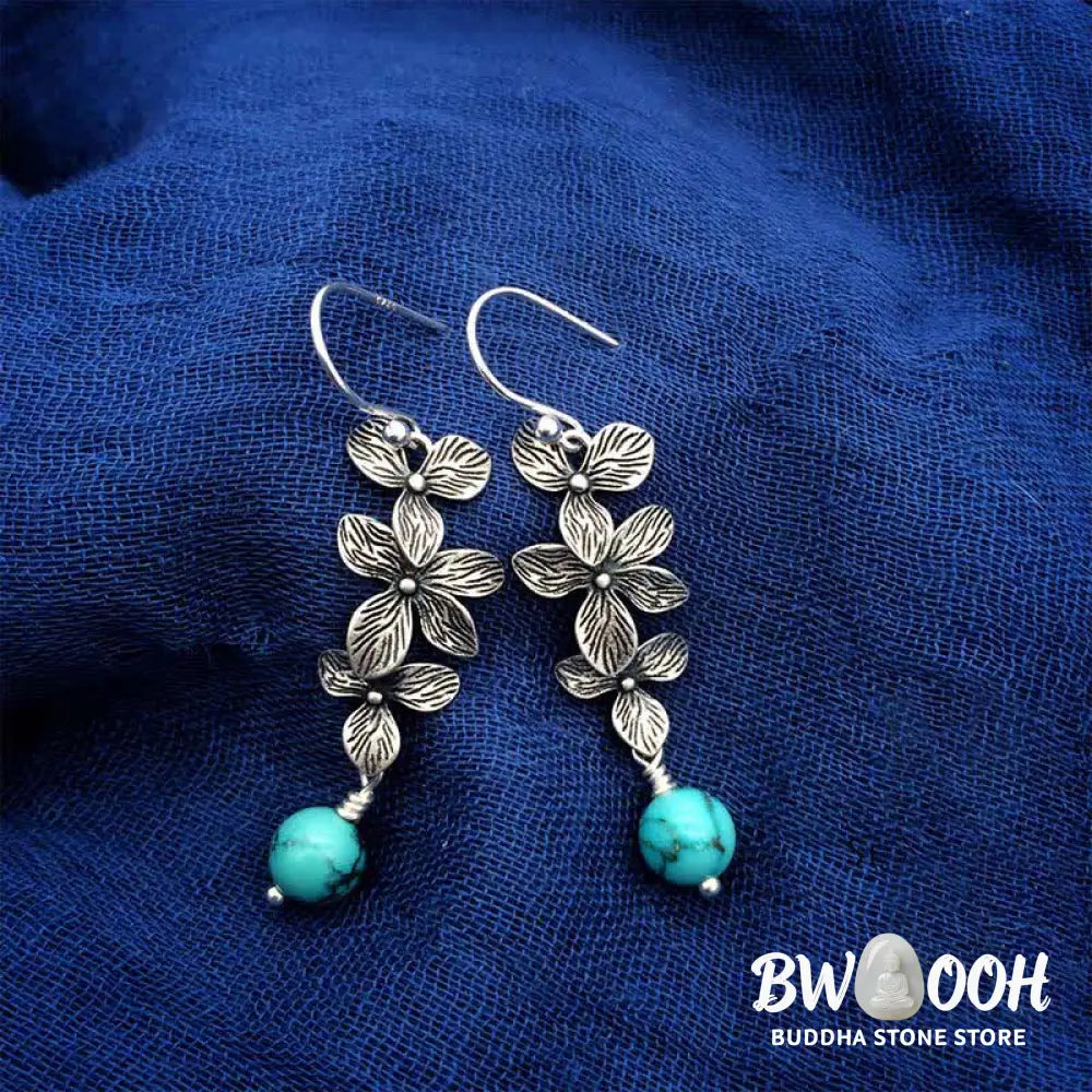 Buddha Stones 925 Sterling Silver Turquoise Lazurite Flower Leaf Serenity Protection Hook Drop Dangle Earrings