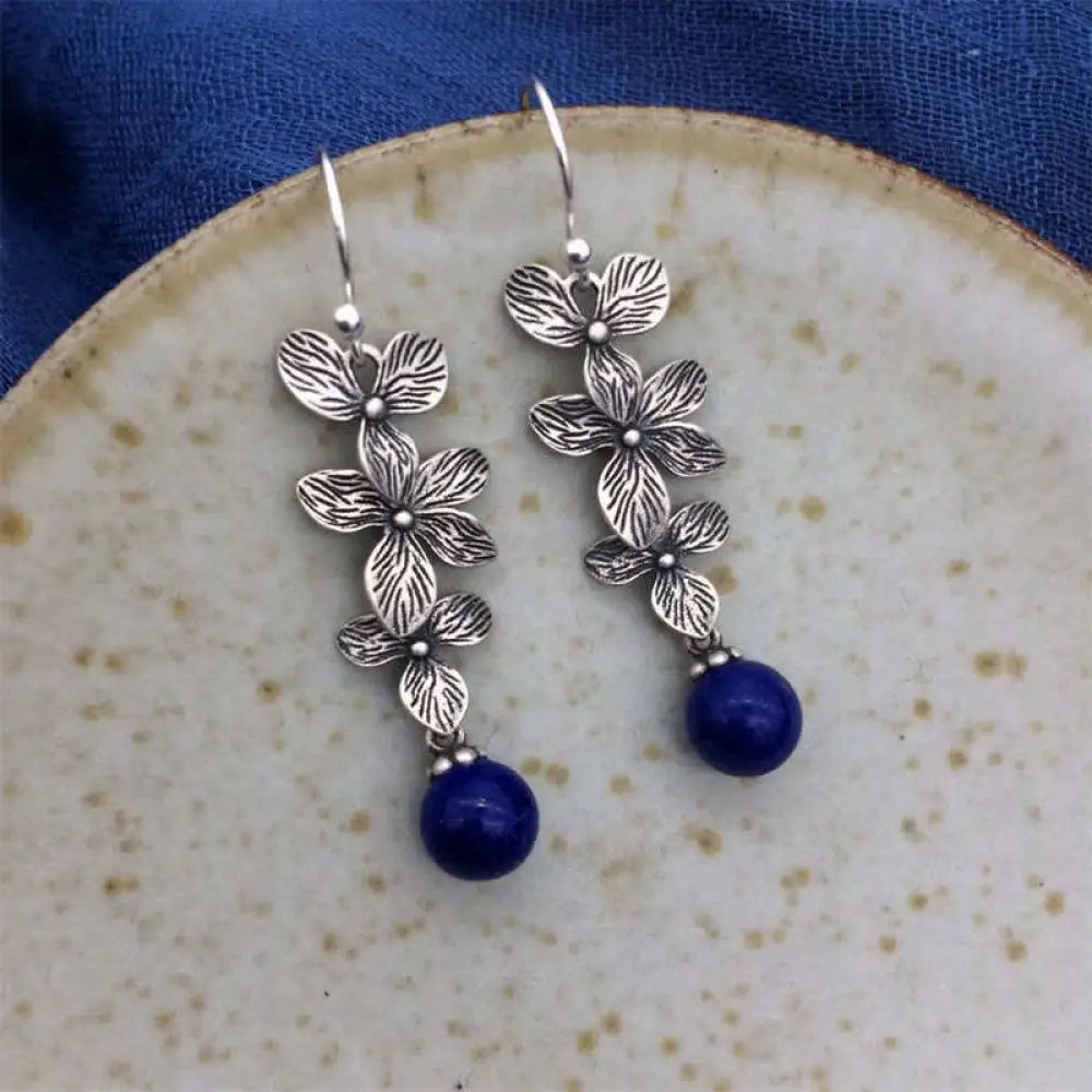 Buddha Stones 925 Sterling Silver Turquoise Lazurite Flower Leaf Serenity Protection Hook Drop Dangle Earrings