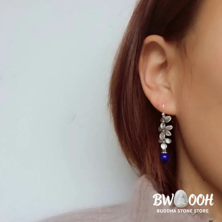 Buddha Stones 925 Sterling Silver Turquoise Lazurite Flower Leaf Serenity Protection Hook Drop Dangle Earrings