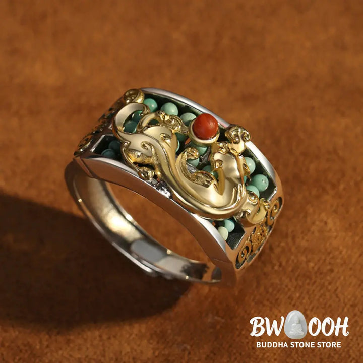 Buddha Stones 925 Sterling Silver Turquoise Red Agate PiXiu Abacus Protection Ring - BWOOOH - Turquoise (Purification ♥