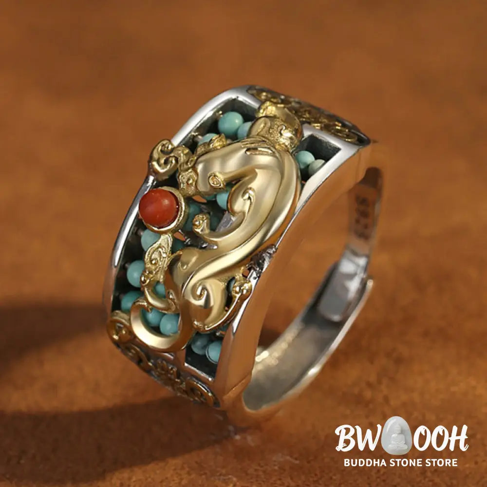 Buddha Stones 925 Sterling Silver Turquoise Red Agate PiXiu Abacus Protection Ring - BWOOOH - Turquoise (Purification ♥