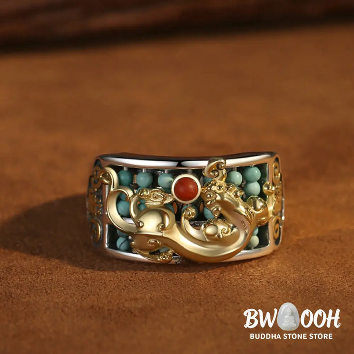 Buddha Stones 925 Sterling Silver Turquoise Red Agate PiXiu Abacus Protection Ring - BWOOOH - Turquoise (Purification ♥
