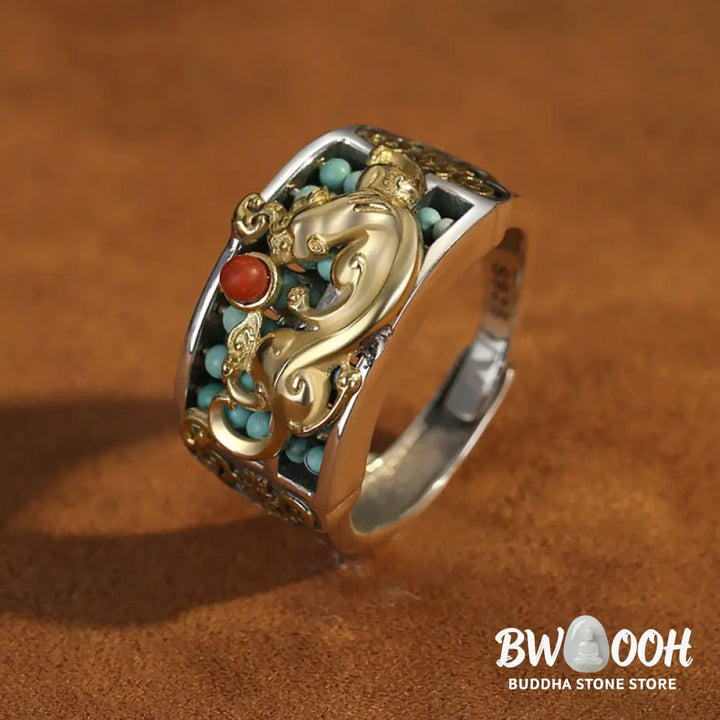 Buddha Stones 925 Sterling Silver Turquoise Red Agate PiXiu Abacus Protection Ring - BWOOOH - Turquoise (Purification ♥