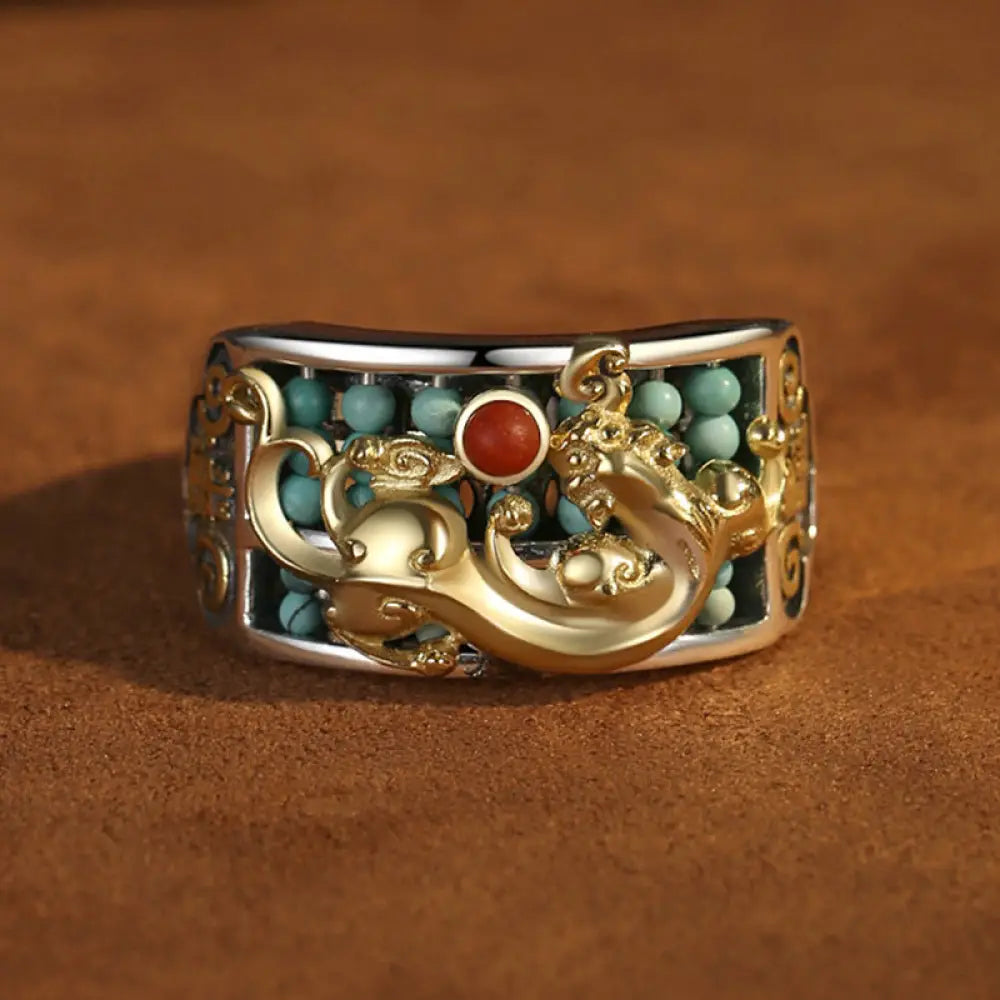 BWOOOH 925 Sterling Silver Turquoise Red Agate PiXiu Abacus Protection Ring — Sterling Silver feng shui bracelet for spiri...