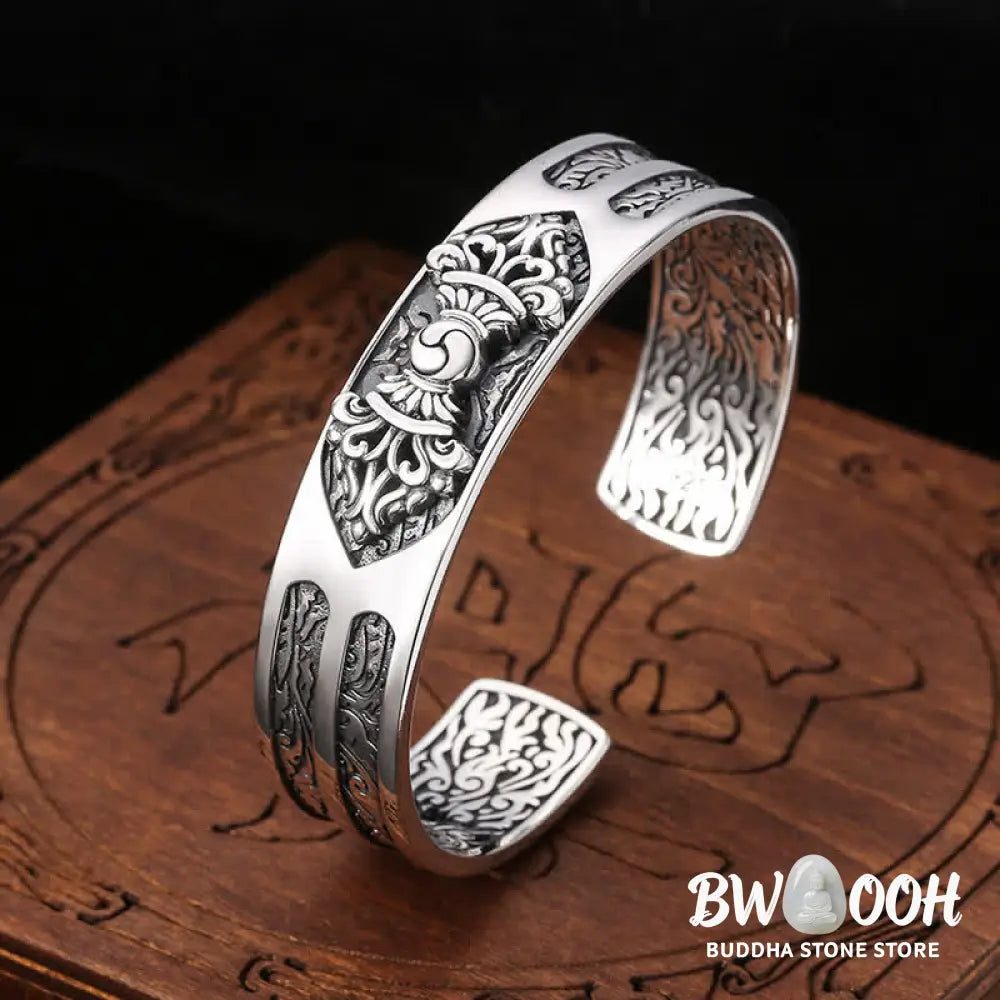 Buddha Stones 925 Sterling Silver Vajra Dorje Engraved Spiritual Power Bracelet Bangle - BWOOOH