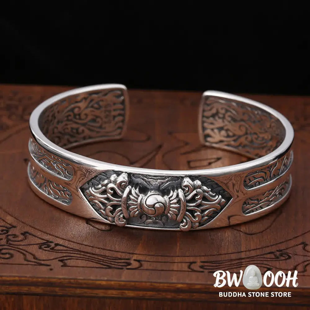 Buddha Stones 925 Sterling Silver Vajra Dorje Engraved Spiritual Power Bracelet Bangle - BWOOOH