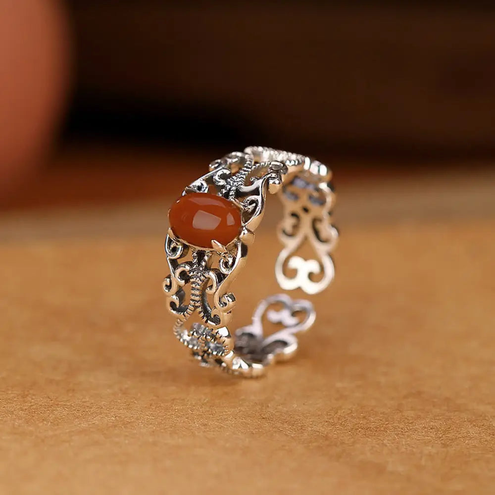 BWOOOH 925 Sterling Silver Vintage Red Agate Self-acceptance Calm Ring — Sterling Silver crystal healing bracelet for spir...