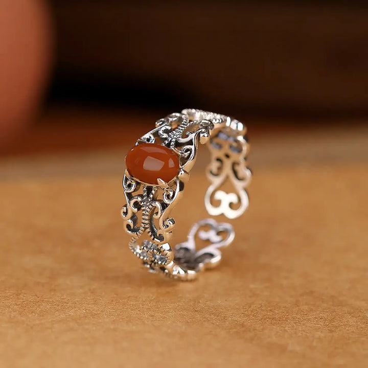 BWOOOH 925 Sterling Silver Vintage Red Agate Self-acceptance Calm Ring — Sterling Silver crystal healing bracelet for spir...