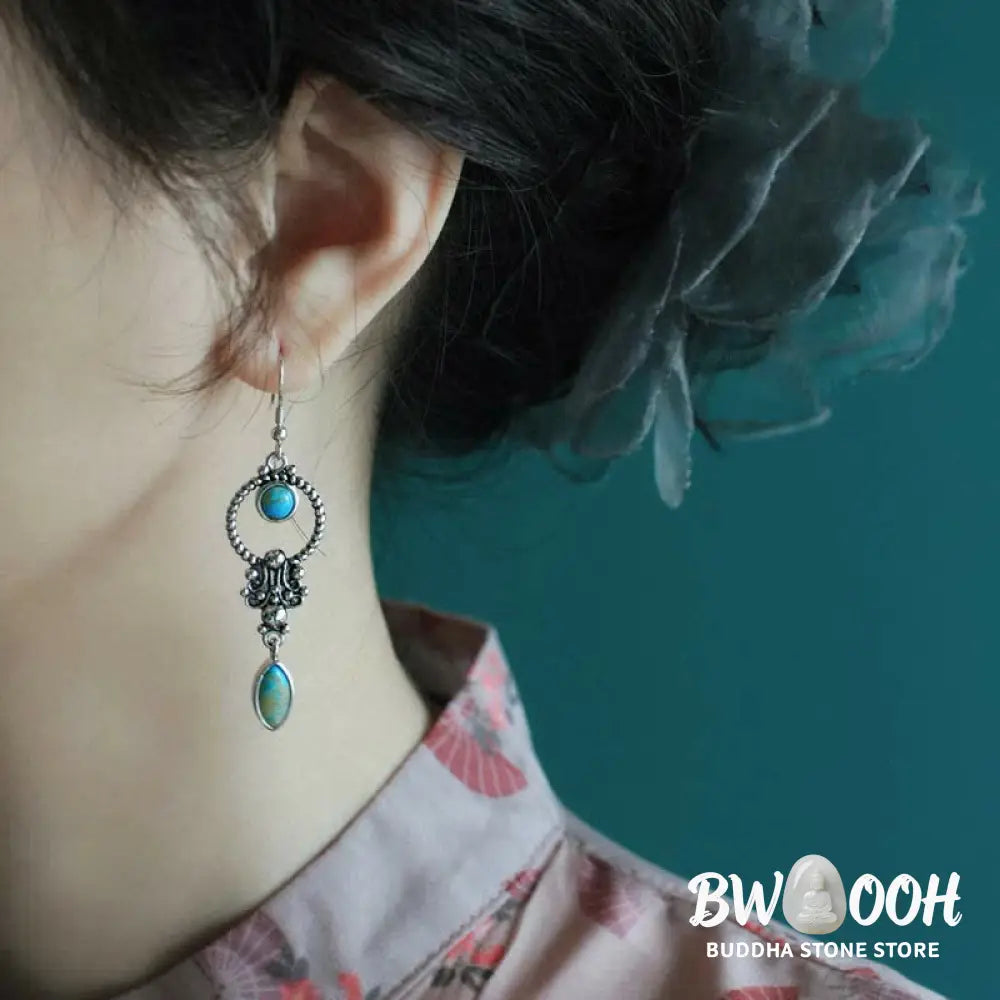 Buddha Stones 925 Sterling Silver Vintage Turquoise Waterdrop Pattern Balance Drop Dangle Earrings - Earrings