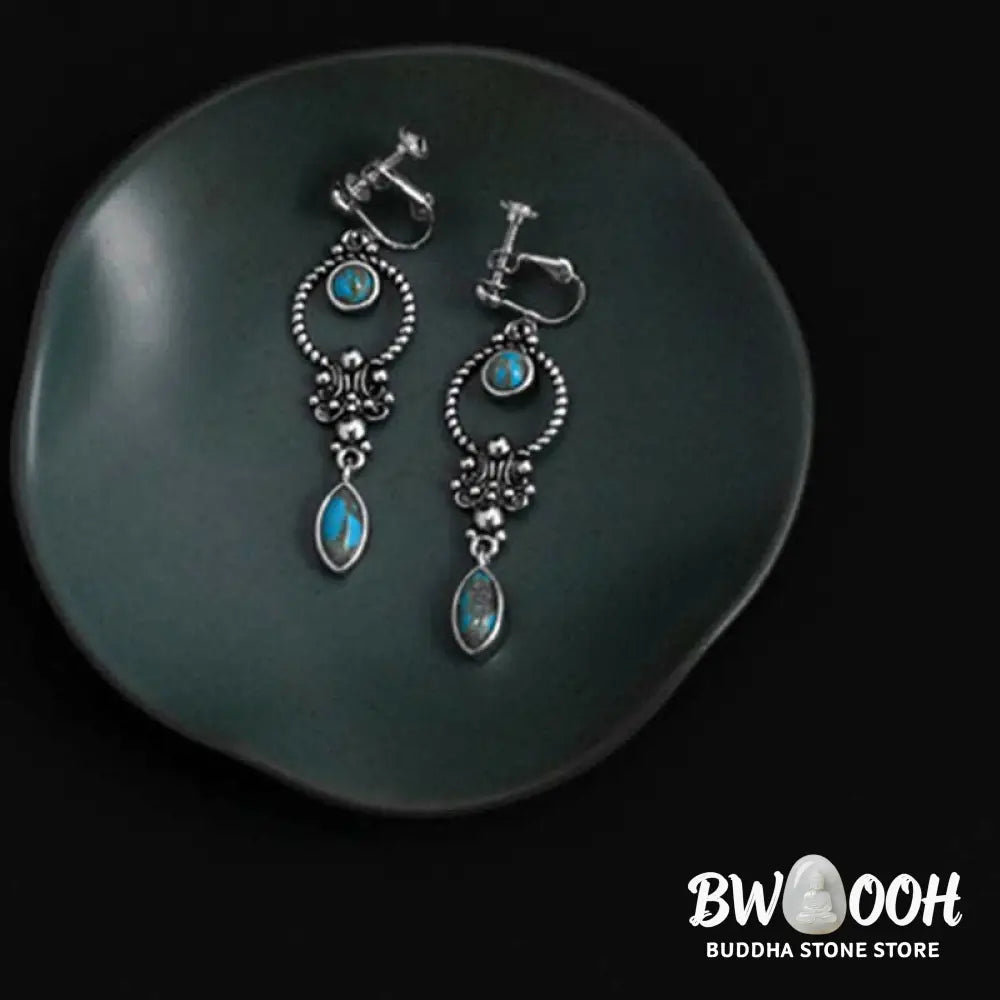Buddha Stones 925 Sterling Silver Vintage Turquoise Waterdrop Pattern Balance Drop Dangle Earrings - Earrings