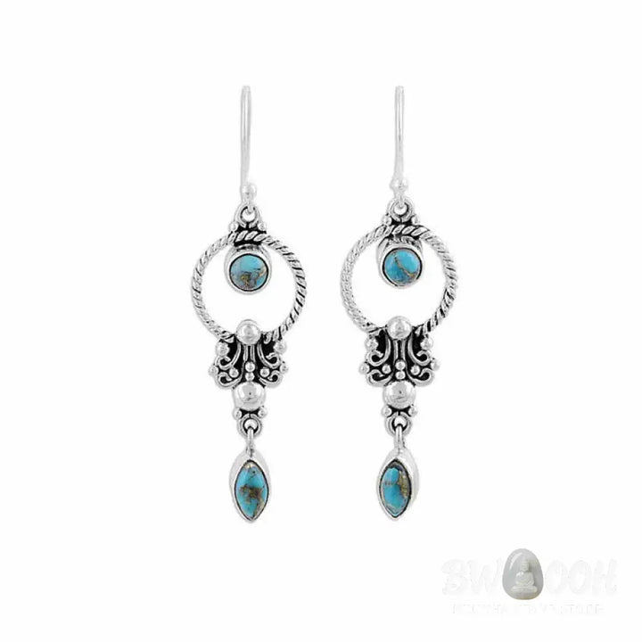 Buddha Stones 925 Sterling Silver Vintage Turquoise Waterdrop Pattern Balance Drop Dangle Earrings - Earrings