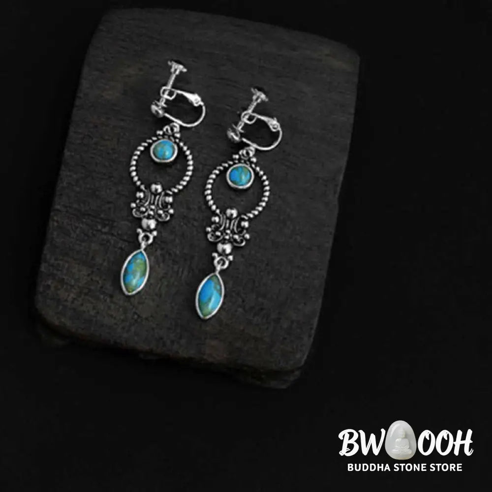 Buddha Stones 925 Sterling Silver Vintage Turquoise Waterdrop Pattern Balance Drop Dangle Earrings - Earrings
