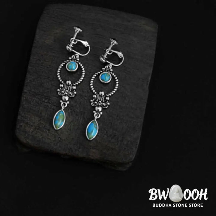 Buddha Stones 925 Sterling Silver Vintage Turquoise Waterdrop Pattern Balance Drop Dangle Earrings - Earrings