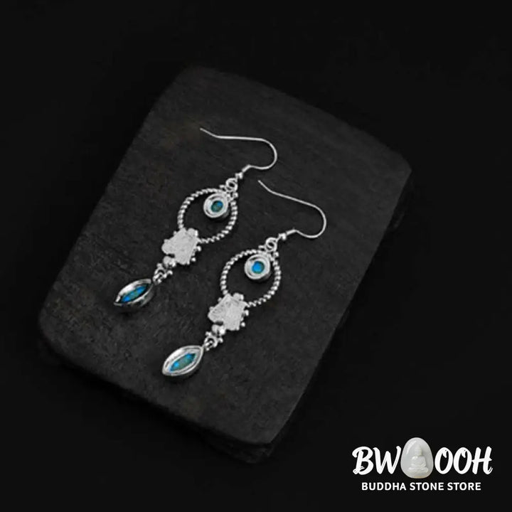 Buddha Stones 925 Sterling Silver Vintage Turquoise Waterdrop Pattern Balance Drop Dangle Earrings - Earrings