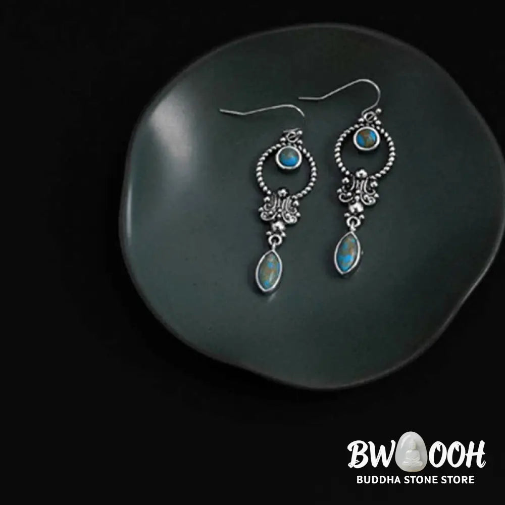 Buddha Stones 925 Sterling Silver Vintage Turquoise Waterdrop Pattern Balance Drop Dangle Earrings - Earrings