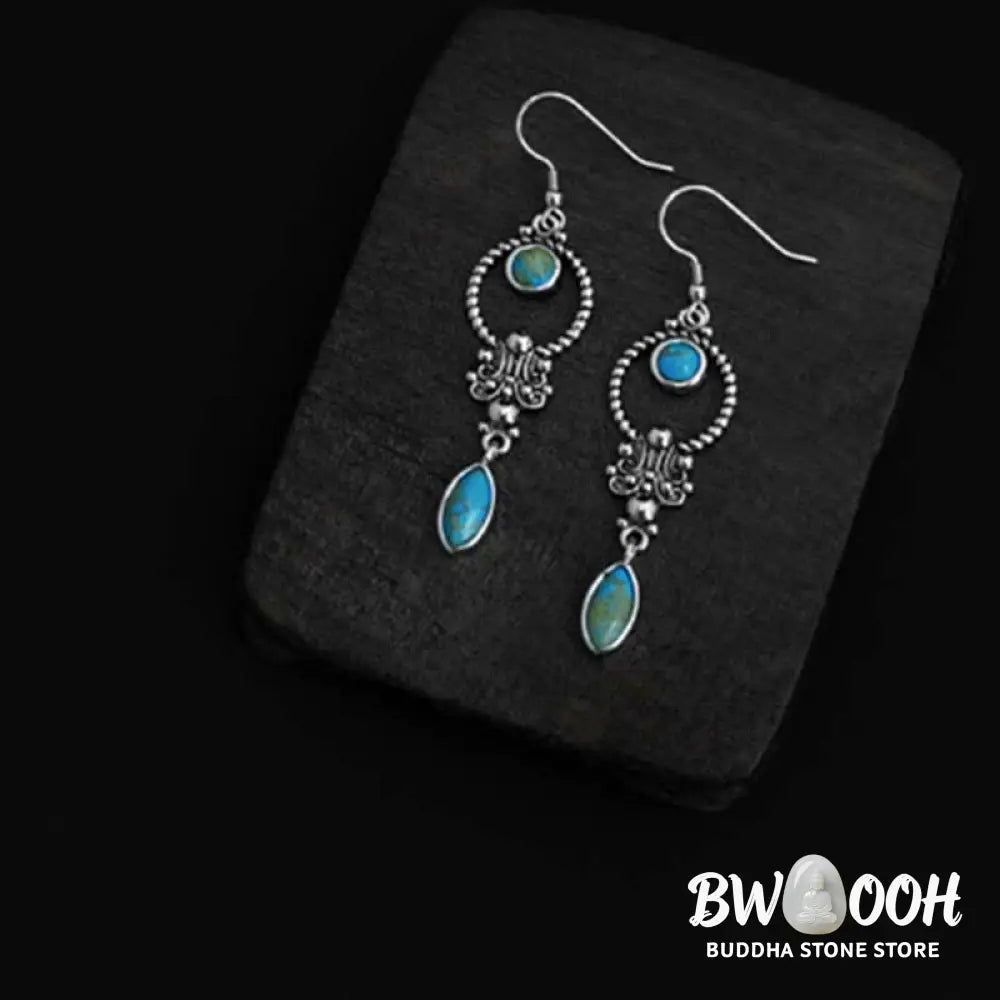 Buddha Stones 925 Sterling Silver Vintage Turquoise Waterdrop Pattern Balance Drop Dangle Earrings - Earrings