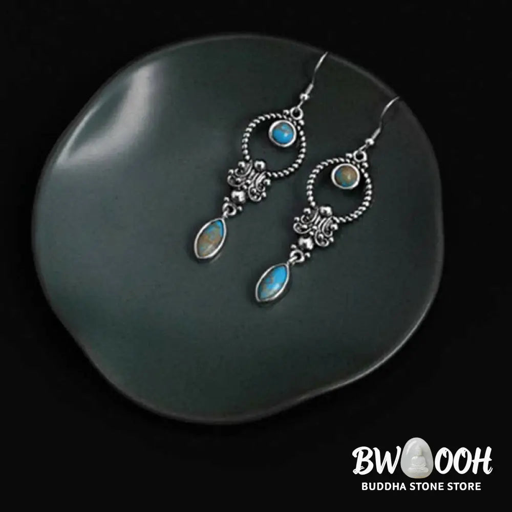 Buddha Stones 925 Sterling Silver Vintage Turquoise Waterdrop Pattern Balance Drop Dangle Earrings - Earrings